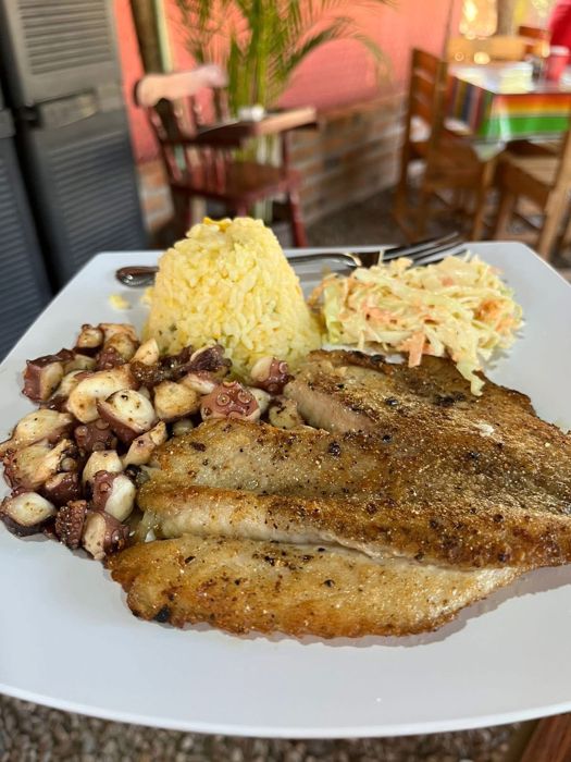 Grilled fish plate with rice and salad